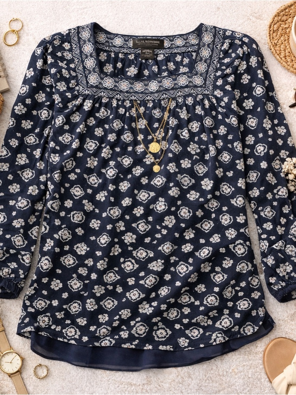 J. Jill Wearever Collection Top L Navy Floral Boho Tunic Long Sleeve Blouse